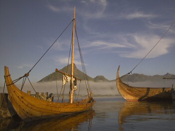 "Lofotr" a full size reconstruction of the "Gokstad" Viking ship and a smaller 8 oared boat.