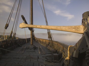 On the deck of "Lofotr" a full size reconstruction of the "Gokstad" Viking ship.